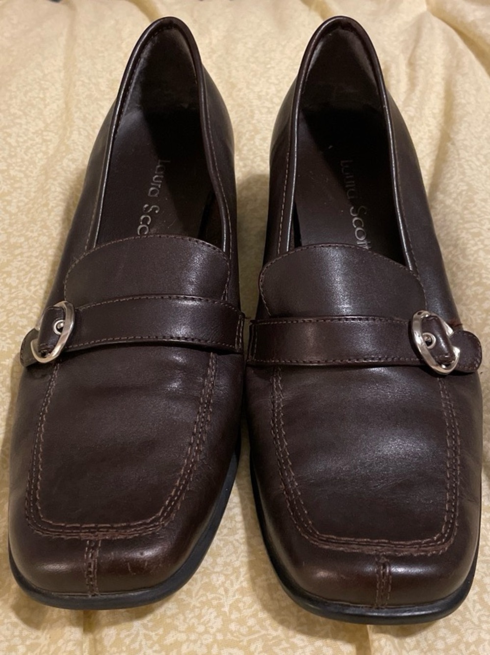 Laura Scott Chocolate Brown Leather Penny Loafers with Silver Buckle
